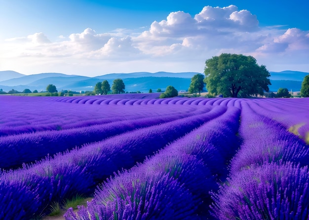 Paesaggio di bellissimi campi di lavanda e tramonto generato