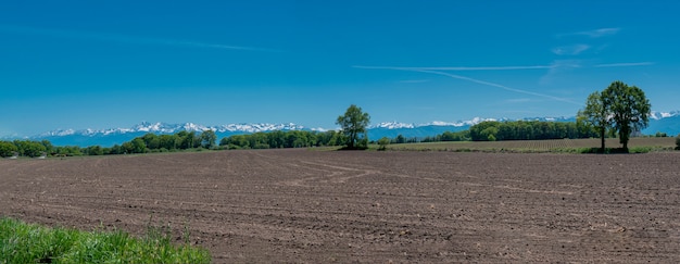 Paesaggio di campagna con catena montuosa dei Pirenei in background