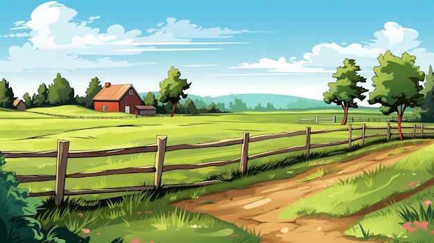 paesaggio di campagna di cartone animato con una fattoria e una strada generativa ai