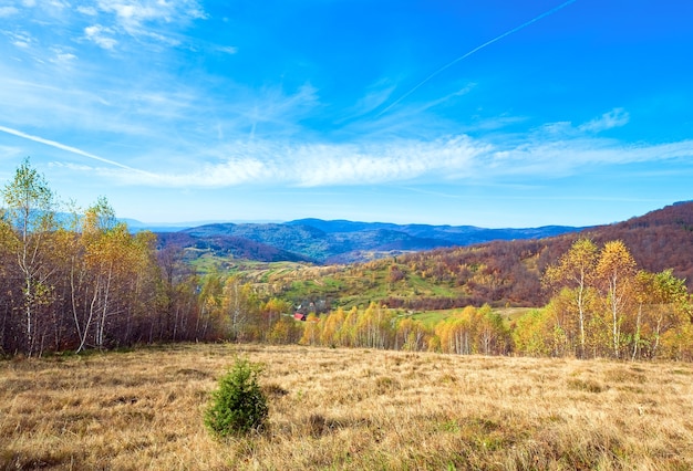 Paesaggio di campagna di montagna autunnale con villaggio, betulle e sentiero di vapore nel cielo (Carpazi, Ucraina).