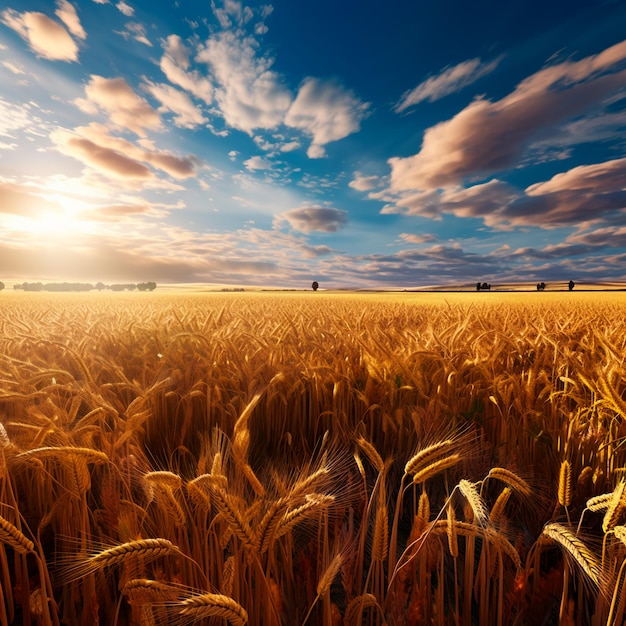 Paesaggio di campi di grano e cielo blu limpido