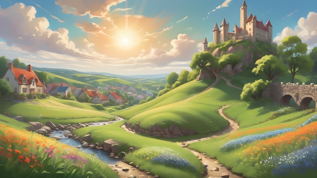 paesaggio di cartoni animati con colline verdi ondulate con fiori selvatici