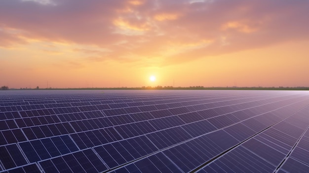 Paesaggio di centinaia di pannelli solari centrale elettrica all'alba piantagione di celle fotovoltaiche utilizzando energia solare rinnovabile con sole concetto di risorse sostenibili