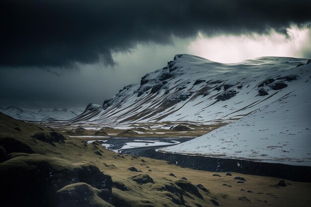 Paesaggio di colline innevate ed erbose in Islanda sotto un cielo cupo