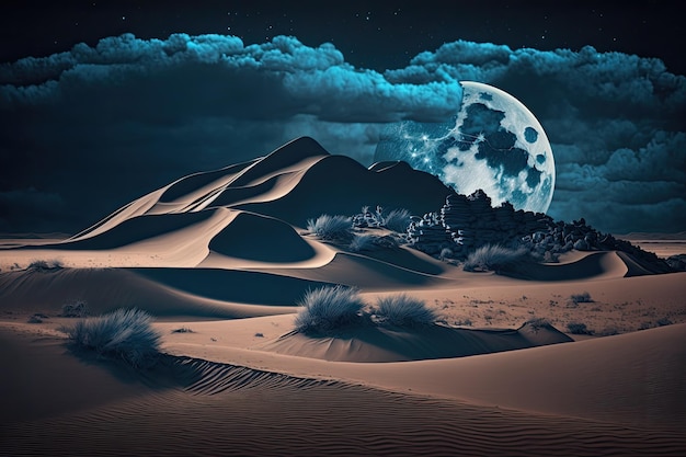 Paesaggio di dune e colline nel deserto di notte con cielo nuvoloso e sfumature blu