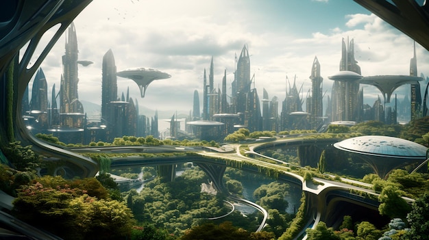 Paesaggio di eco-città su un pianeta alieno IA generativa