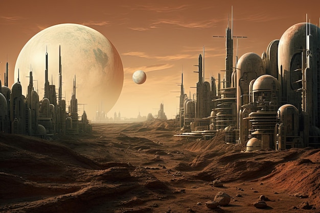 Paesaggio di fantascienza con città futuristica al crepuscolo arancione sul pianeta alieno