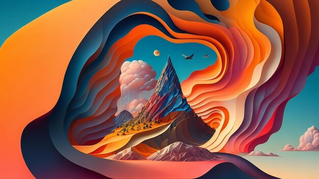 Paesaggio di fantasia con lago di montagne e nuvole Illustrazione vettoriale