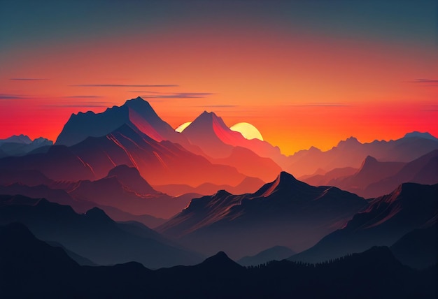 Paesaggio di fantasia con le montagne al tramonto 3d rendono l'illustrazione generativa ai