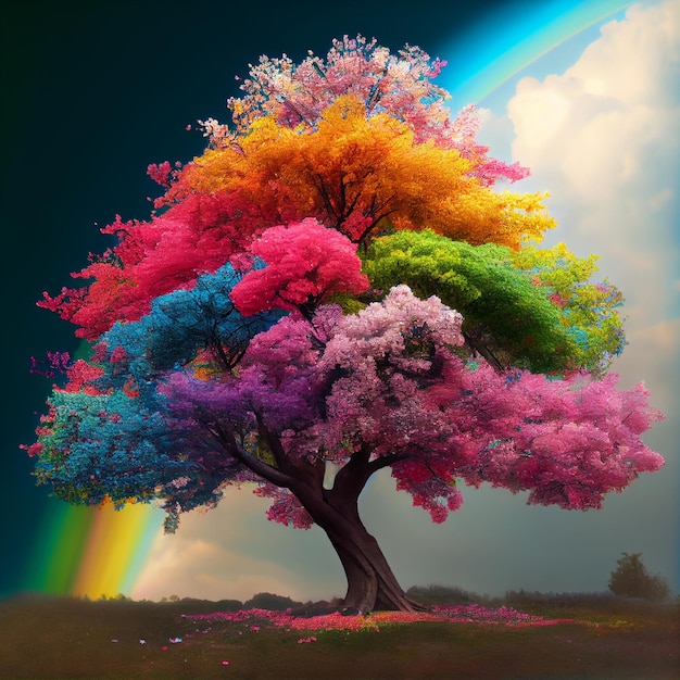 Paesaggio di fantasia dell'albero arcobaleno e albero con l'illustrazione dei colori dell'arcobaleno