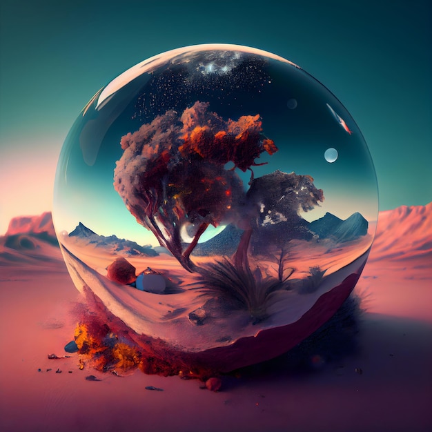 Paesaggio di fantasia in un'illustrazione di rendering 3d con sfera di vetro