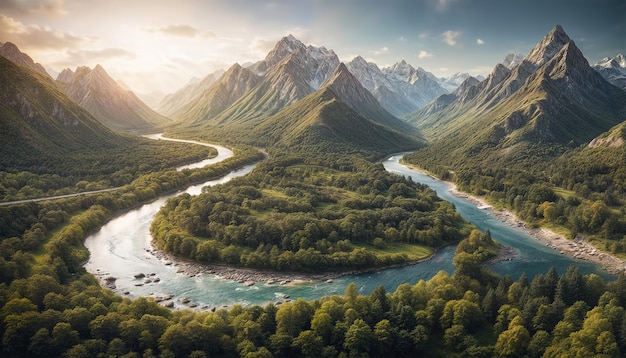 Paesaggio di fiume di montagna Panorama di un fiume meandrante tra montagne e foreste