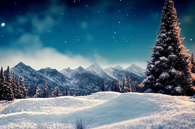 Paesaggio di foresta innevata con sfondo montuoso