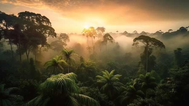 Paesaggio di foresta pluviale con alberi e nebbia al mattino AI generativa