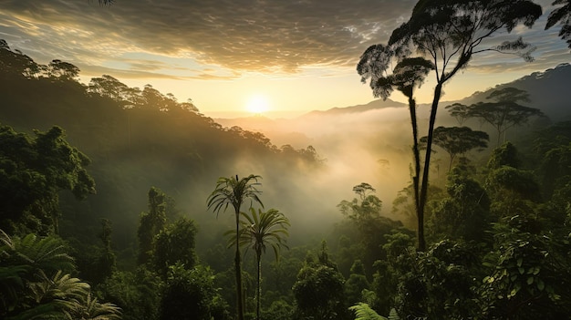 Paesaggio di foresta pluviale con alberi e nebbia al mattino AI generativa