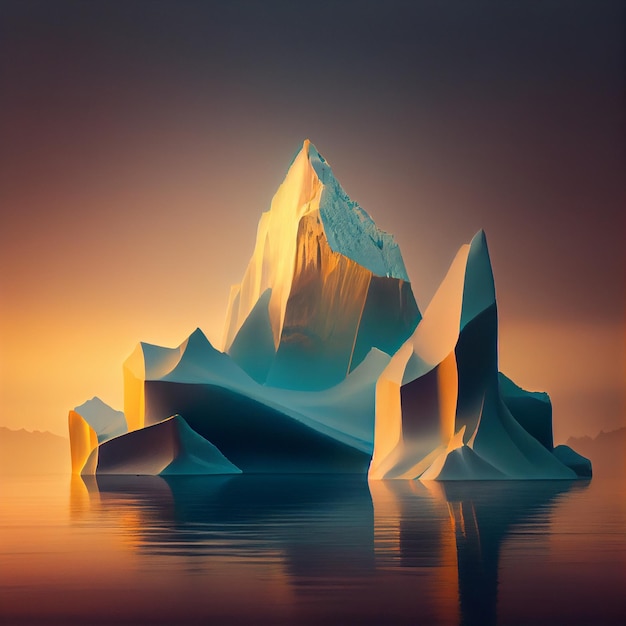 Paesaggio di ghiaccio dell'iceberg al tramonto o all'alba IA generativa