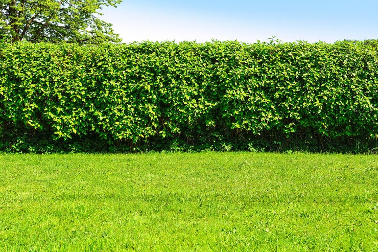 Paesaggio di giardino domestico un prato verde e una grande siepe su uno sfondo blu
