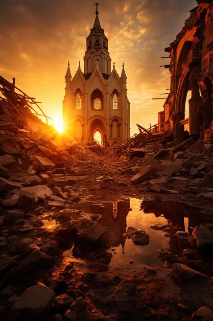 paesaggio di immagine verticale con una chiesa abbandonata e in rovina al tramonto