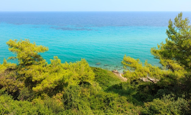 Paesaggio di mattina della costa del mare di estate (penisola di Kassandra, Halkidiki, Grecia).