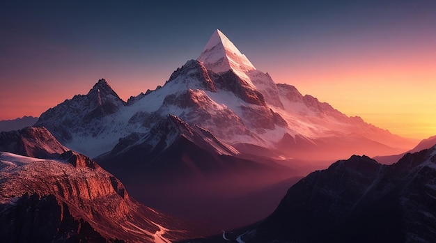 Paesaggio di montagna 3D contro un cielo al tramonto