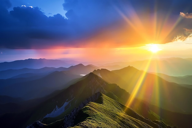 paesaggio di montagna al tramonto con il sole generato dall'AI.