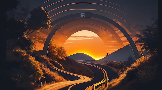 paesaggio di montagna al tramonto curve di asfalto avanti unità avventurosa