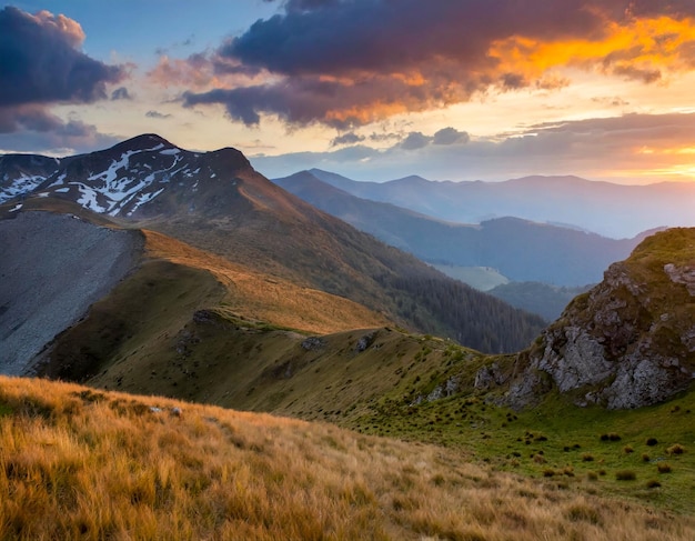 Paesaggio di montagna al tramonto in una campagna ecologica