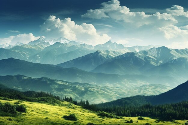 Paesaggio di montagna all'alba, vista della valle e delle montagne