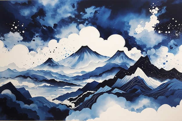 Paesaggio di montagna astratto in inchiostro indaco in stile giapponese