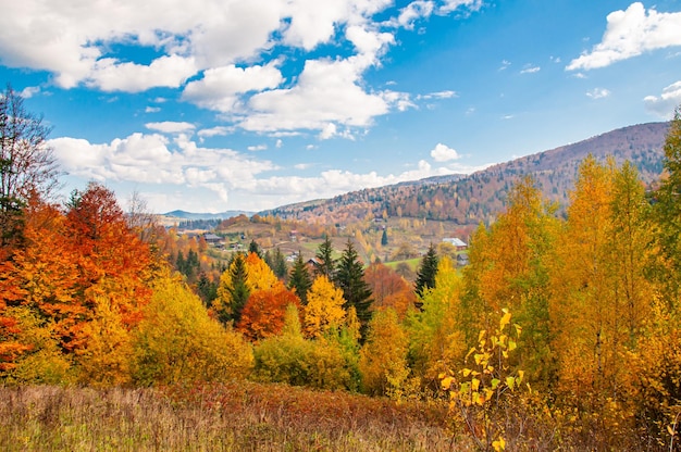 Paesaggio di montagna autunnale contro il cielo blu con nuvole bianche