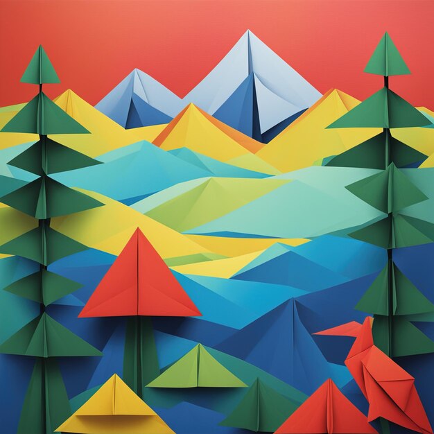 paesaggio di montagna con arte in carta origami