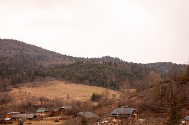 paesaggio di montagna con capanne sul prato