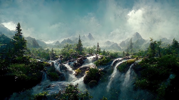 Paesaggio di montagna con cascate e alberi