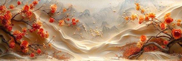 Paesaggio di montagna con fiori d'arancia