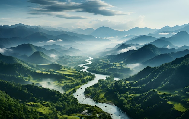 Paesaggio di montagna con fiume e valle al mattino