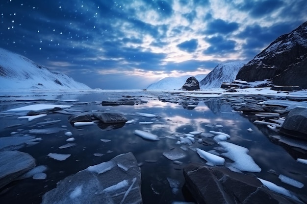 Paesaggio di montagna con la rottura naturale del ghiaccio e la via lattea in acqua ghiacciata sul lago Baikal in Siberia