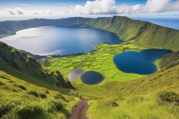 Paesaggio di montagna con sentiero escursionistico e vista su bellissimi laghi Ponta Delgada Isola di Sao Miguel Azzorre Portogallo