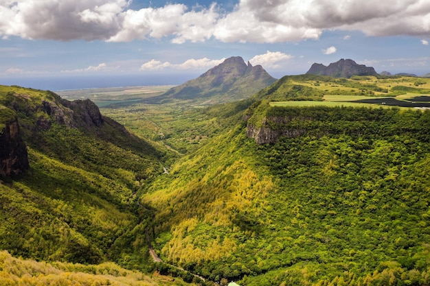Paesaggio di montagna della gola dell'isola di Mauritius, montagne verdi della giungla di Mauritius.