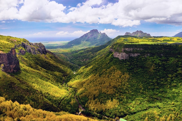 Paesaggio di montagna della gola sull'isola di Mauritius, montagne verdi della giungla di Mauritius