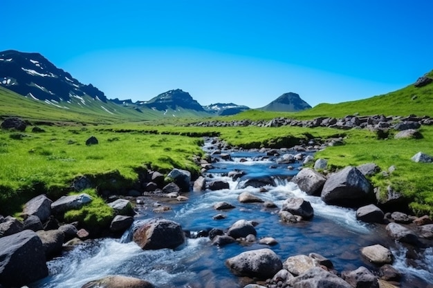 Paesaggio di montagna fiume cielo blu