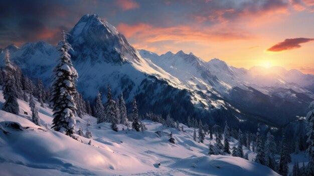 Paesaggio di montagna invernale all'alba