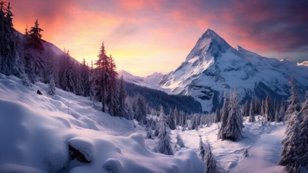 Paesaggio di montagna invernale all'alba