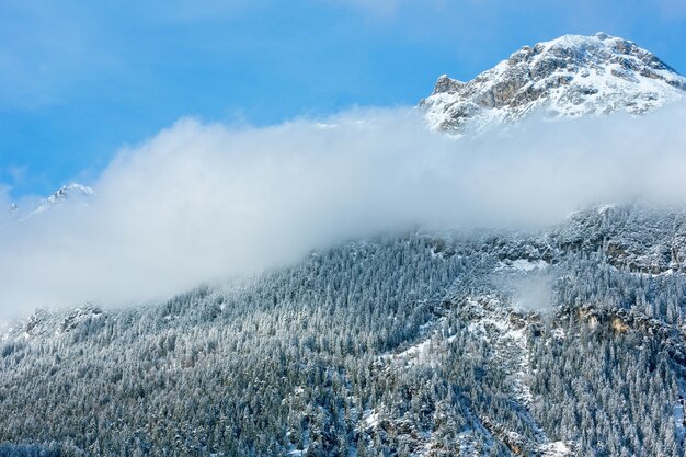 Paesaggio di montagna invernale con bosco di abeti sul pendio e cloud (Austria, Tirolo)