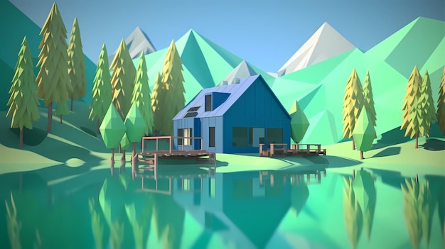 Paesaggio di montagna minimalista 3D low poly_ Generative Ai