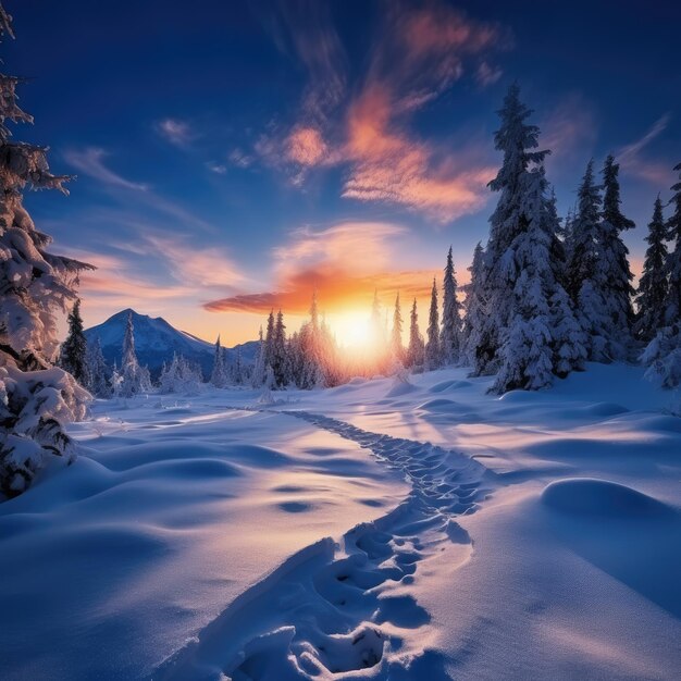 Paesaggio di montagne alpine con neve bianca e cielo blu Sunset inverno in natura Alberi gelosi sotto la luce solare calda Generativo ai