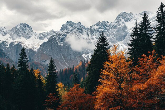 Paesaggio di montagne coperte di neve e alberi autunnali