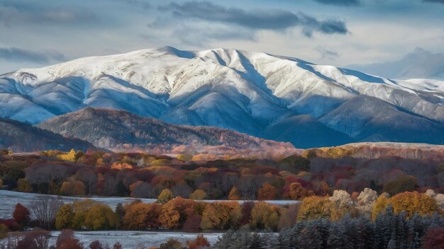 Paesaggio di montagne coperte di neve e alberi autunnali