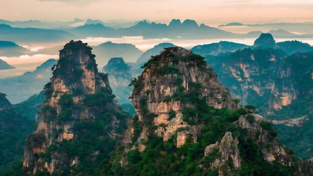 Paesaggio di montagne rocciose coperte di verde e nebbia Vietnam