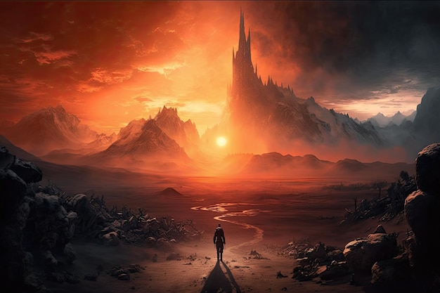 Paesaggio di Mordor con alba infuocata sullo sfondo