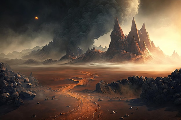 Paesaggio di Mordor con formazioni rocciose vulcaniche vapore che sale dalle prese d'aria